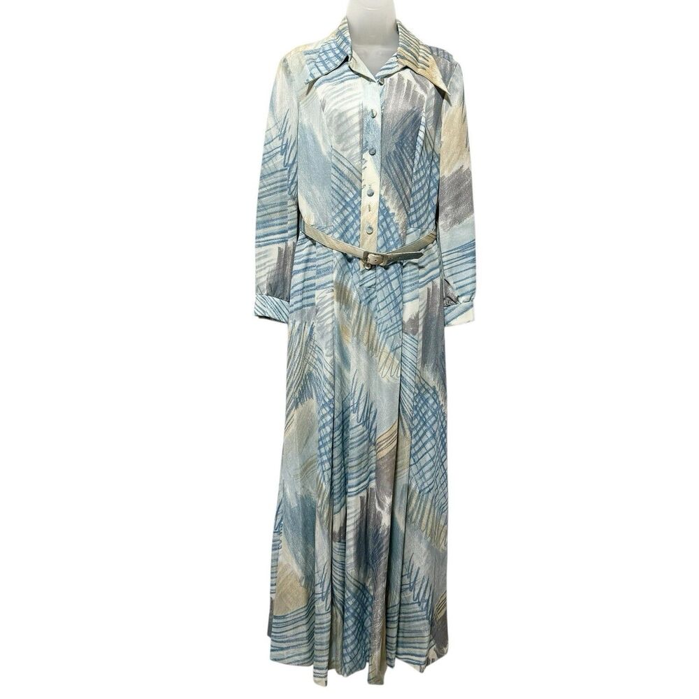 VTG Nancy Greer Maxi Shirt Dress Belt Long Sleeve Abstract Print Blue Tan M??